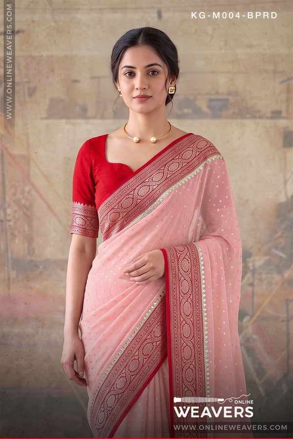 Pink Red Khaddi Georgette Saree manufacturer from Banaras-onlineweavers.com