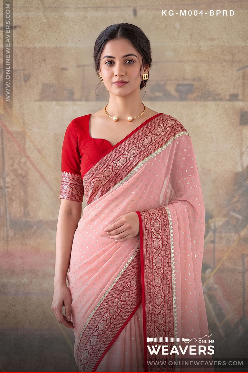 Pink Red Khaddi Georgette Saree manufacturer from Banaras-onlineweavers.com
