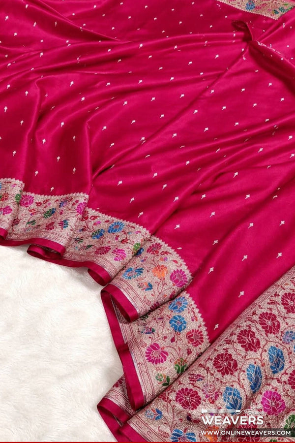Buy Hot Pink Green Banarasi Mashru Silk Saree with floral meenakari border-KL125 | OnlineWeavers