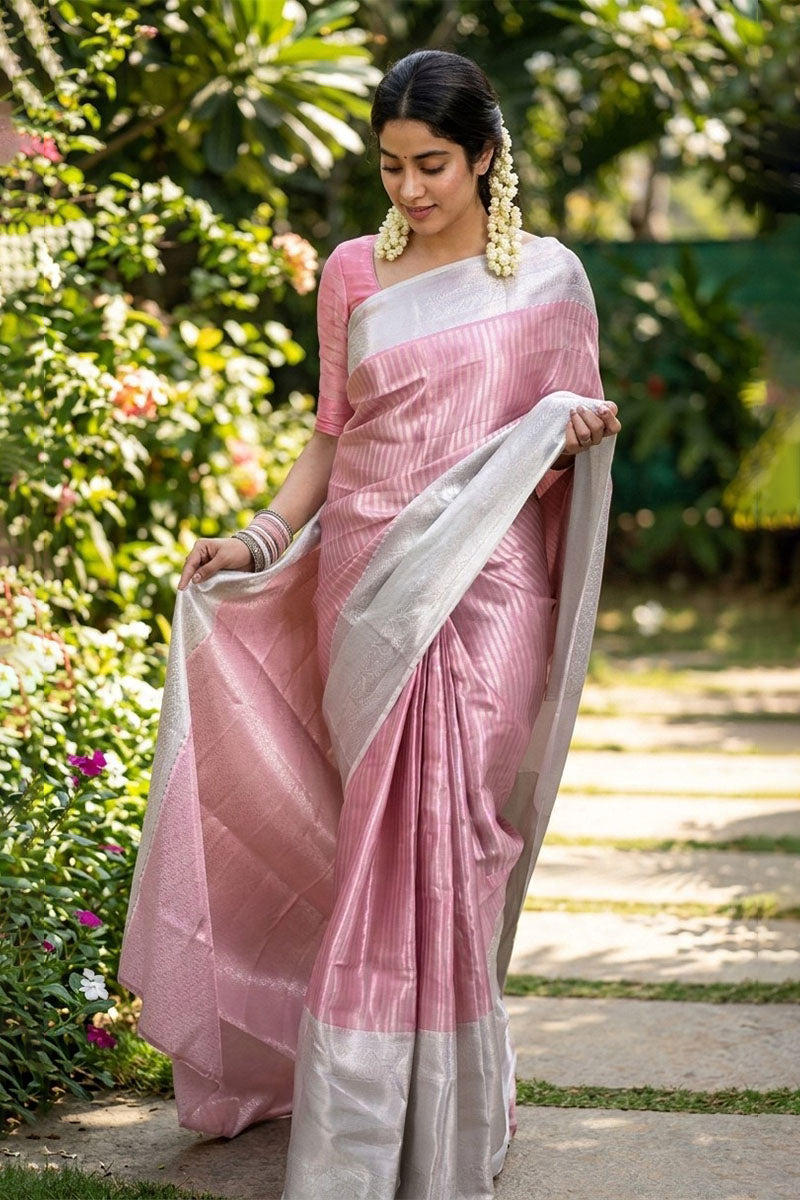 Pink Kora Banarasi Tissue Silk Saree