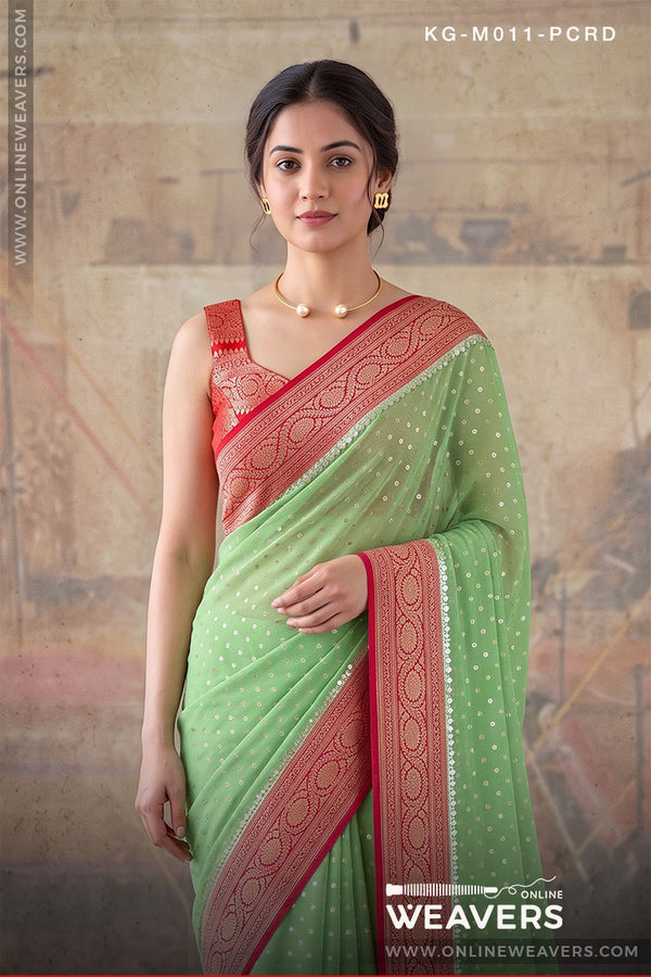 Pista Green Red Khaddi Georgette Saree manufacturer from Banaras-onlineweavers.com