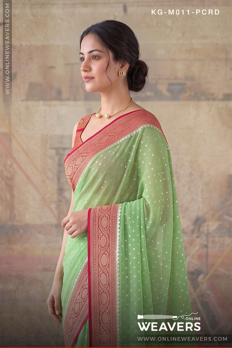 Light Green Red Khaddi Georgette Saree manufacturer from Banaras-onlineweavers.com