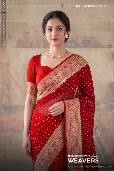 Red Khaddi Georgette Saree manufacturer from Banaras-onlineweavers.com