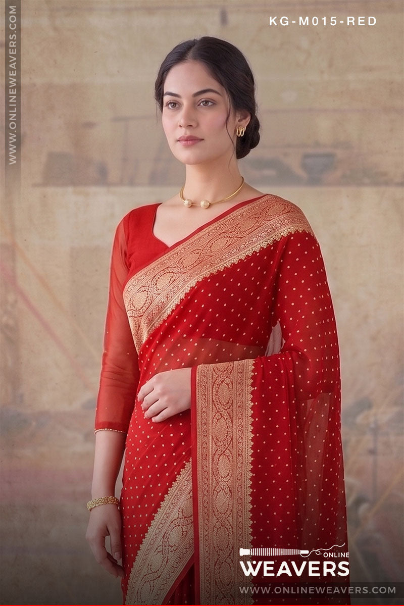Pure Red Khaddi Georgette Saree Banaras manufacturer-onlineweavers.com