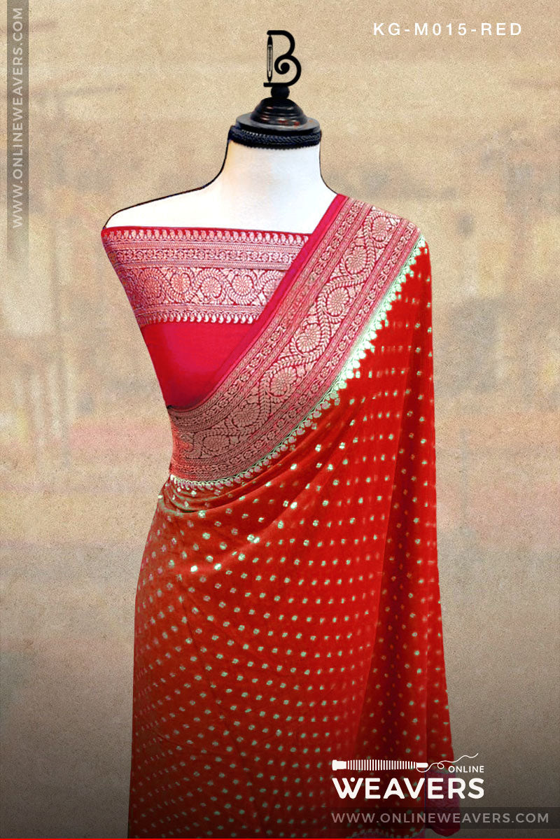 Pure Red Khaddi Georgette Saree Banaras manufacturer-onlineweavers.com