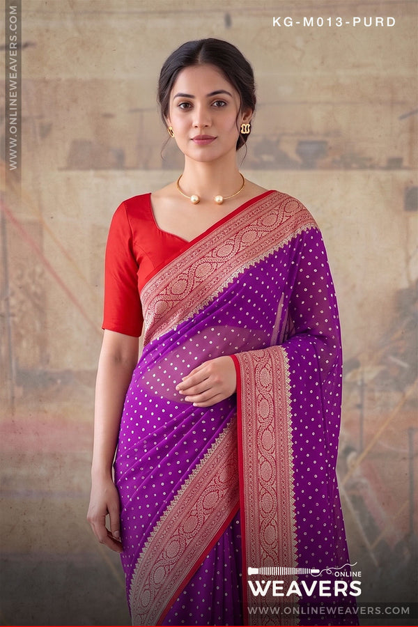 Purple Red Khaddi Georgette Saree manufacturer from Banaras -onlineweavers.com