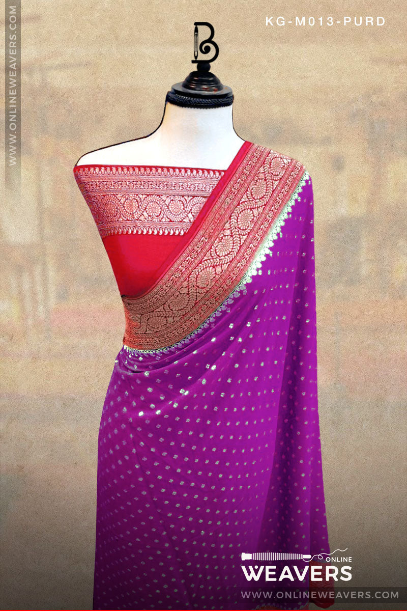 Purple Red Khaddi Georgette Saree manufacturer from Banaras -onlineweavers.com
