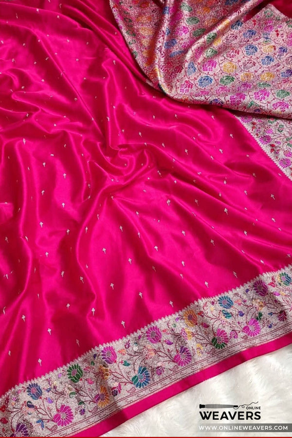 Rani Pink Banarasi Mashru Silk Saree with small motifs and meenakari floral border work-KL128 | OnlineWeavers