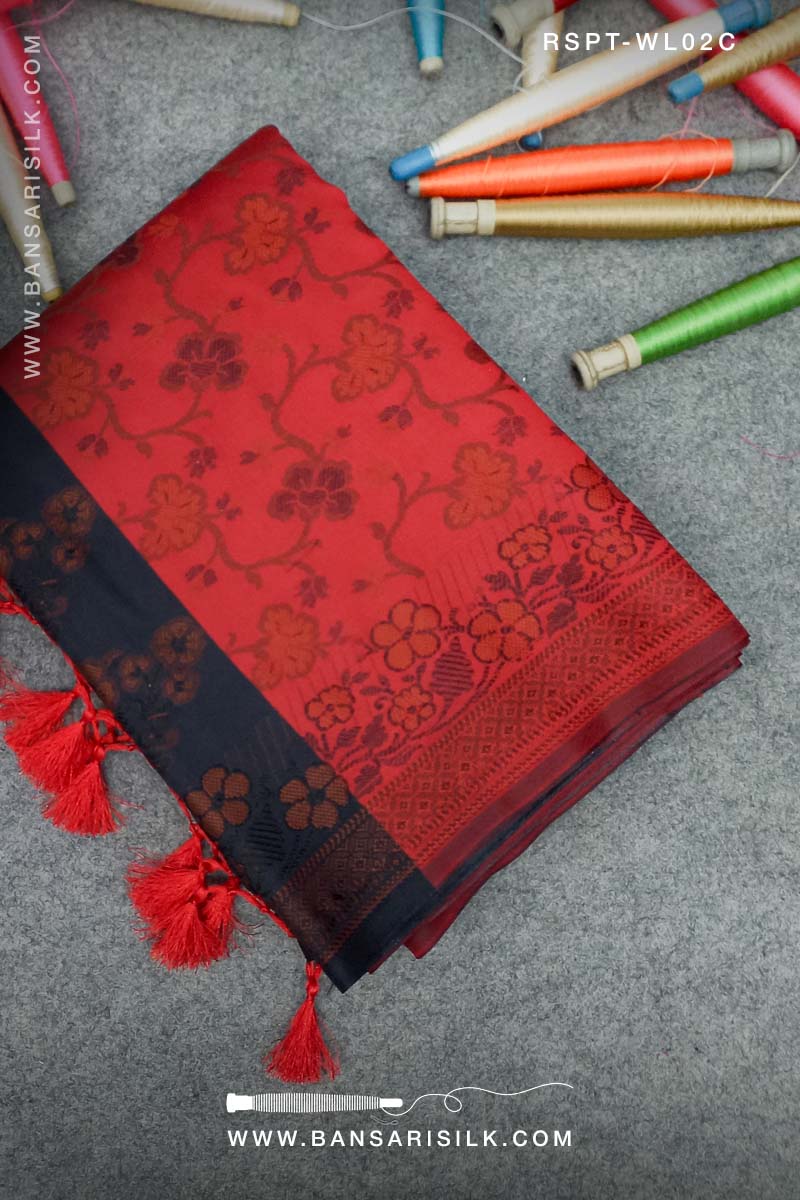 Red and black Banarasi Resham Silk Saree soft and lightweight for office and events 