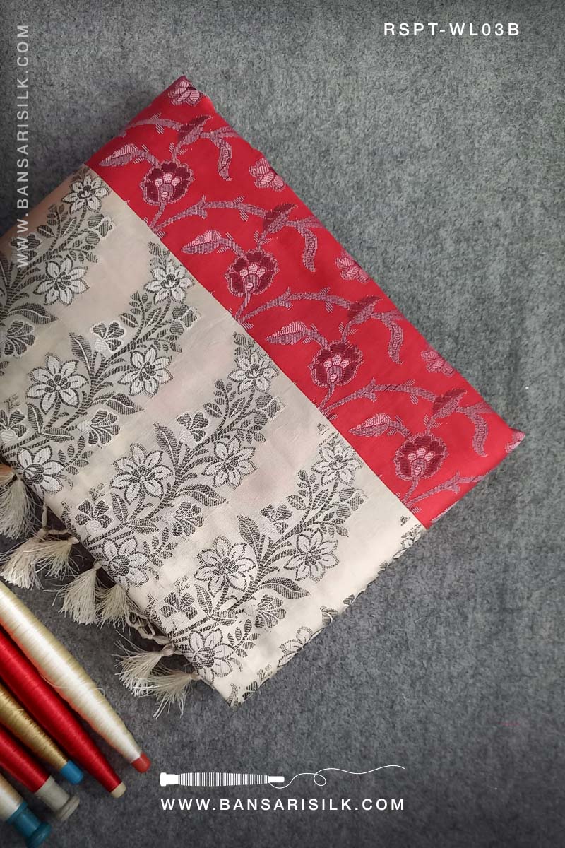 Red and cream Banarasi Resham Silk Saree soft and lightweight for office and events 