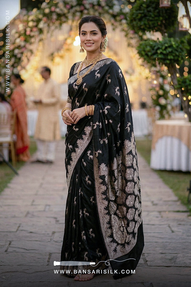 Black Mashru Satin Silk Banarasi Saree with OnlineWeavers.com branding