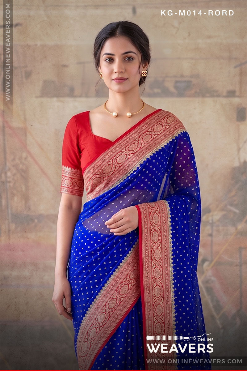 Royal Blue Red Khaddi Georgette Saree manufacturer from Banaras -onlineweavers.com