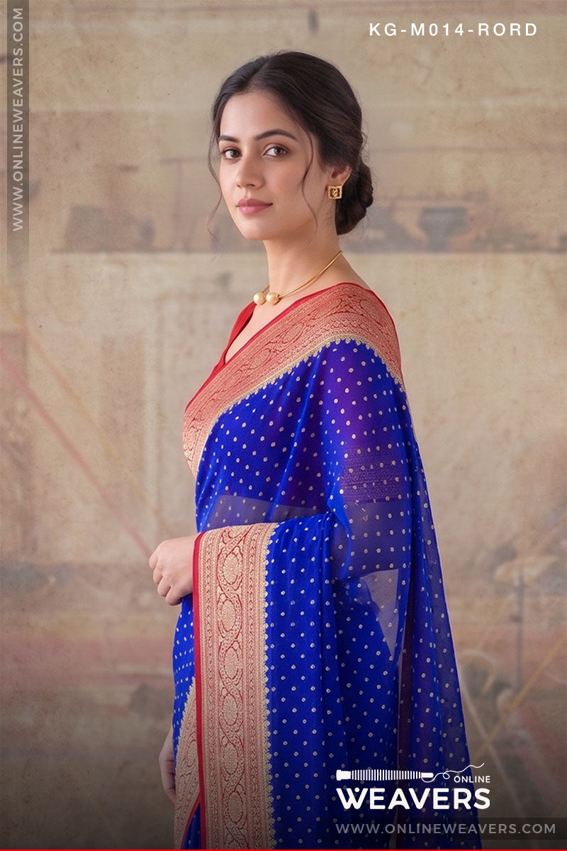 Royal Blue Red Khaddi Georgette Saree manufacturer from Banaras -onlineweavers.com