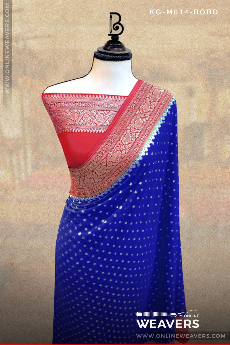 Royal Blue Red Khaddi Georgette Saree manufacturer from Banaras -onlineweavers.com