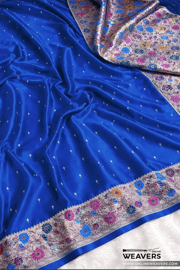Buy Royal Blue Banarasi Mashru Silk Saree with floral meenakari work-KL137 | OnlineWeavers