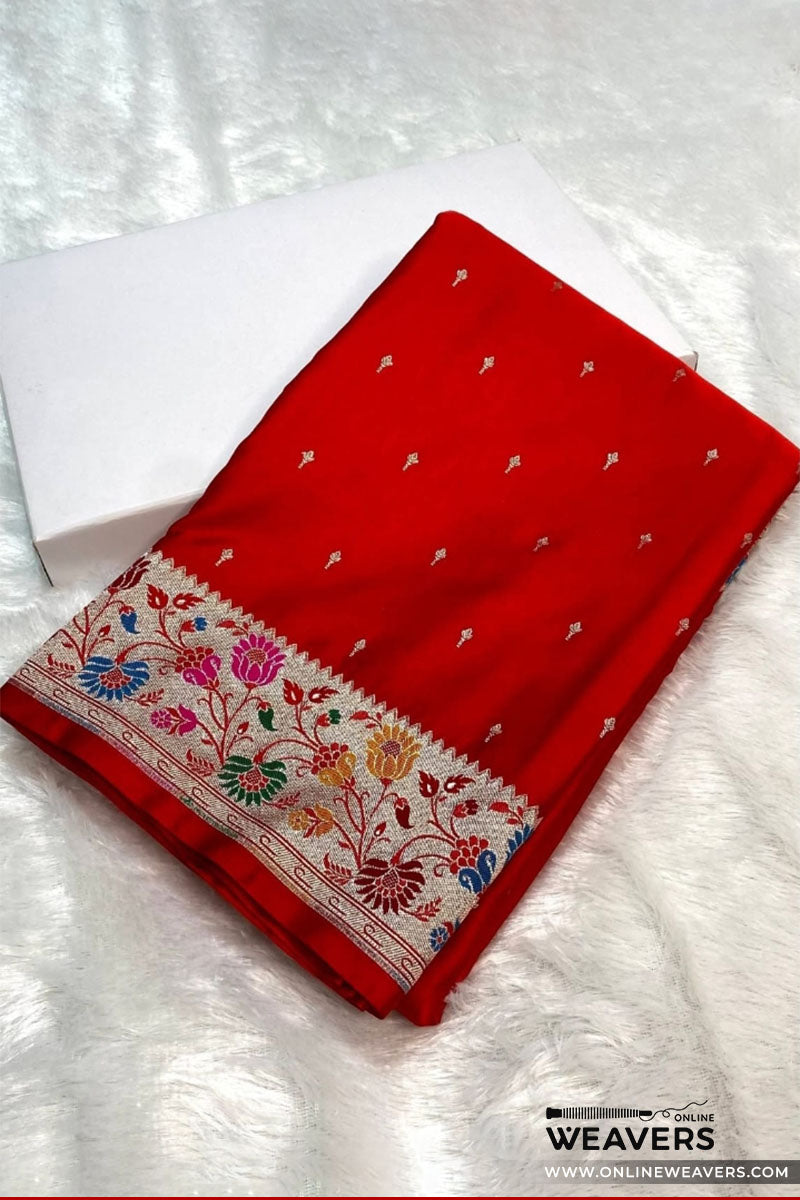 Red Banarasi silk saree with designer meenakari border