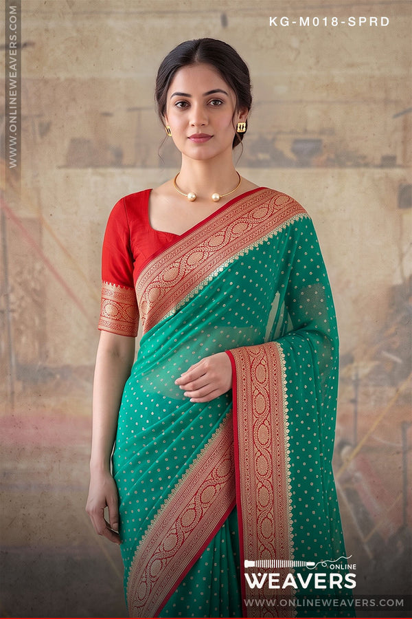 Emrald Green Red Khaddi Georgette Saree manufacturer from Banaras-onlineweavers.com