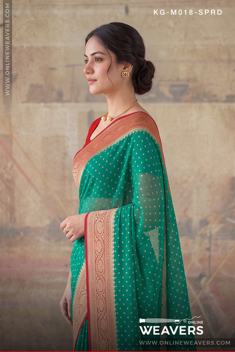 Emrald Green Red Khaddi Georgette Saree manufacturer from Banaras-onlineweavers.com