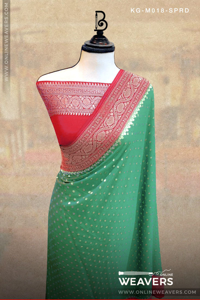 Emrald Green Red Khaddi Georgette Saree manufacturer from Banaras-onlineweavers.com