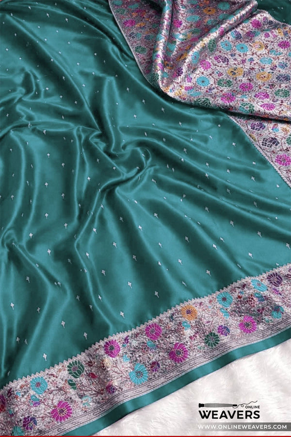Buy Sapphire Green Banarasi Mashru Silk Saree with floral meenakari border-KL136 | OnlineWeavers