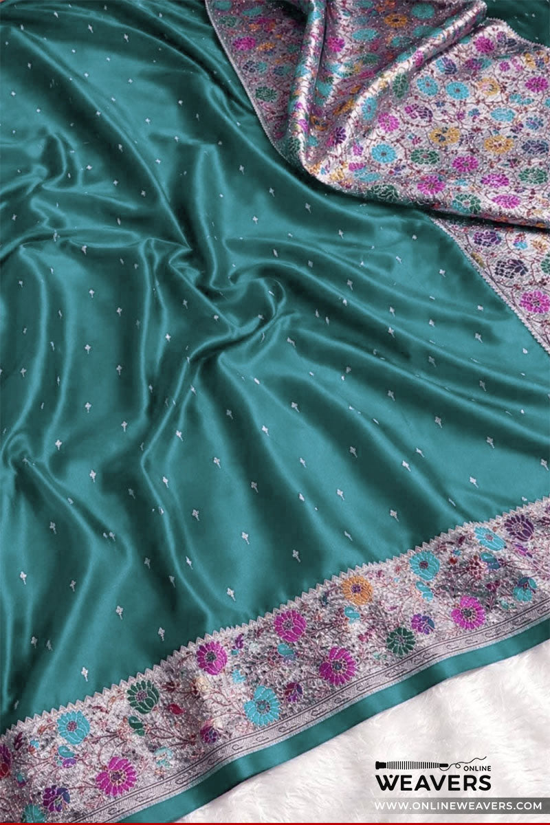 Buy Sapphire Green Banarasi Mashru Silk Saree with floral meenakari border-KL136 | OnlineWeavers
