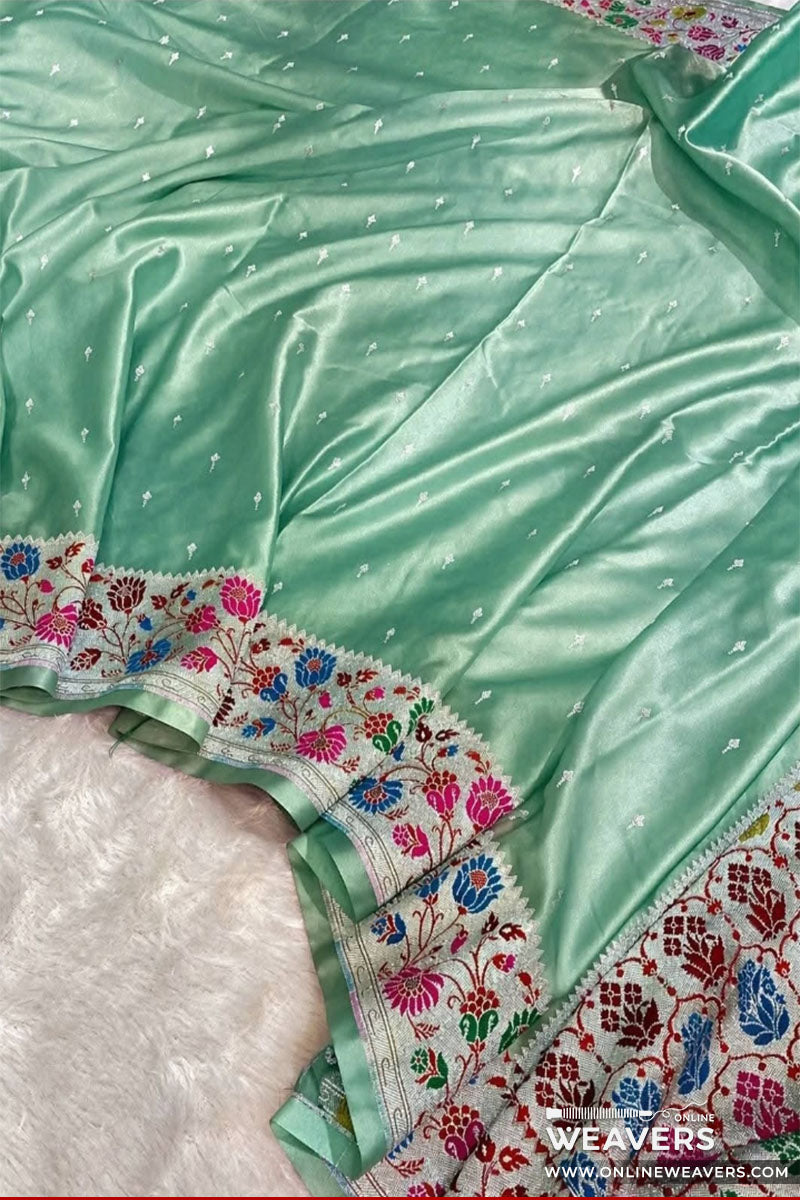 Buy Sea Green Banarasi Mashru Silk Saree with floral meenakari border-KL131 | OnlineWeavers