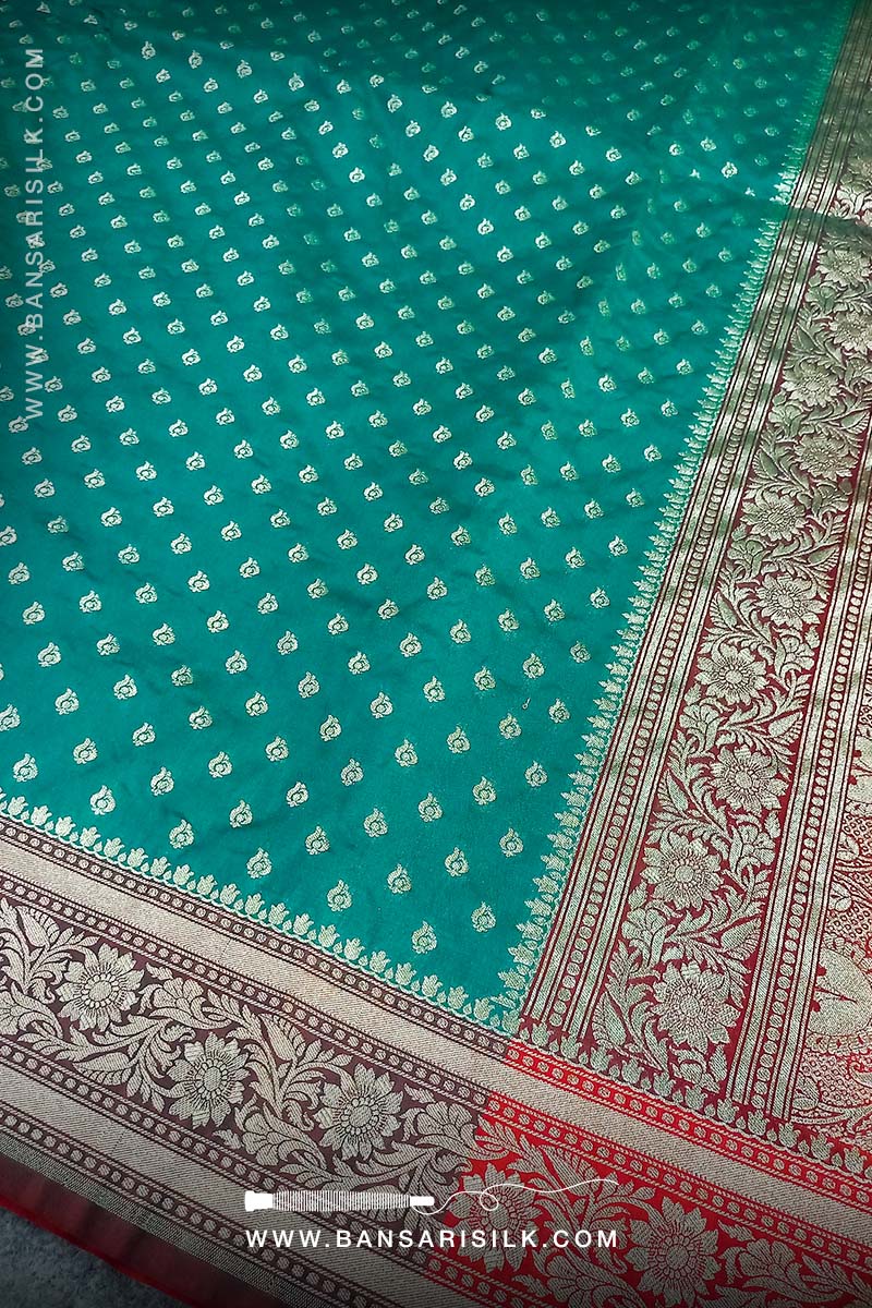 Sea Green - Red Banarasi Saree Design For Wedding And Bollywood Event