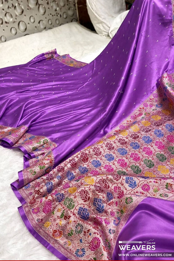 Buy Violet Purple Banarasi Mashru Silk Saree with small motifs and floral meenakari border design-KL132 | OnlineWeavers