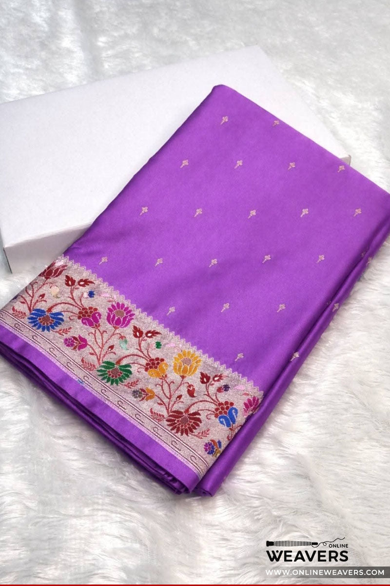 Violet Banarasi Mashru Silk Saree With Floral Meena Bordar | KL132