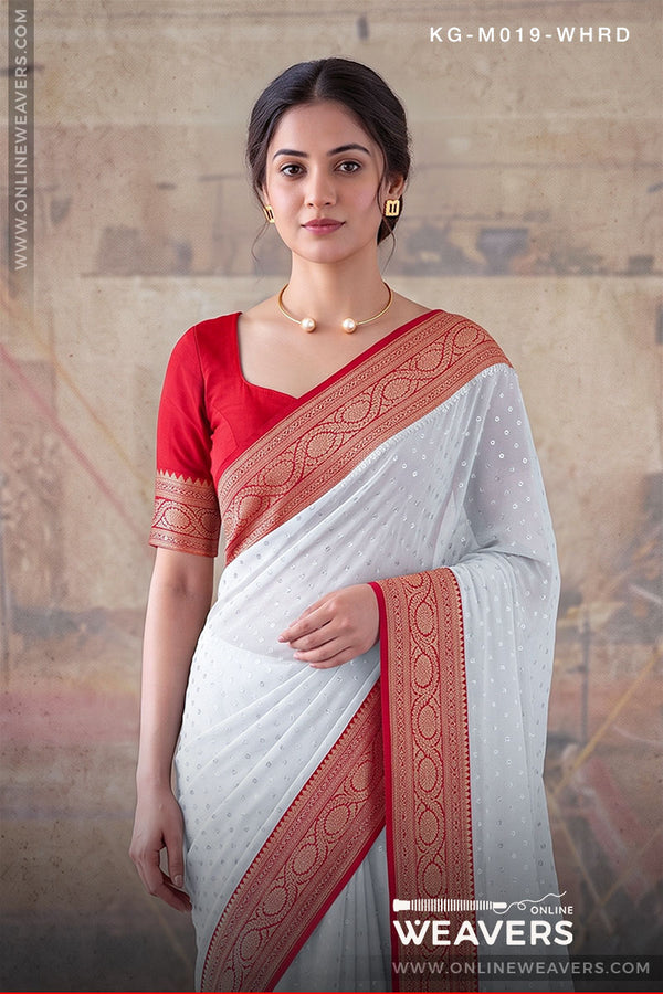 White Red Khaddi Georgette Saree manufacturer from Banaras -onlineweavers.com