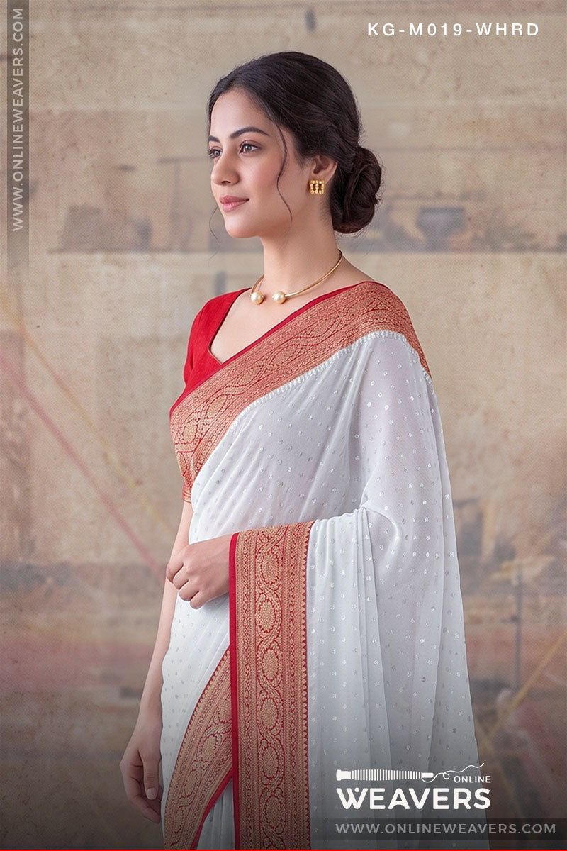 White Red Khaddi Georgette Saree manufacturer from Banaras -onlineweavers.com