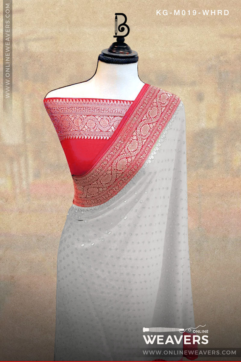 White Red Khaddi Georgette Saree manufacturer from Banaras -onlineweavers.com