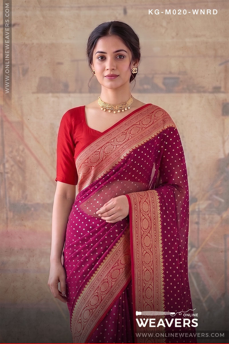 Wine Red Khaddi Georgette Saree manufacturer from Banaras -onlineweavers.com