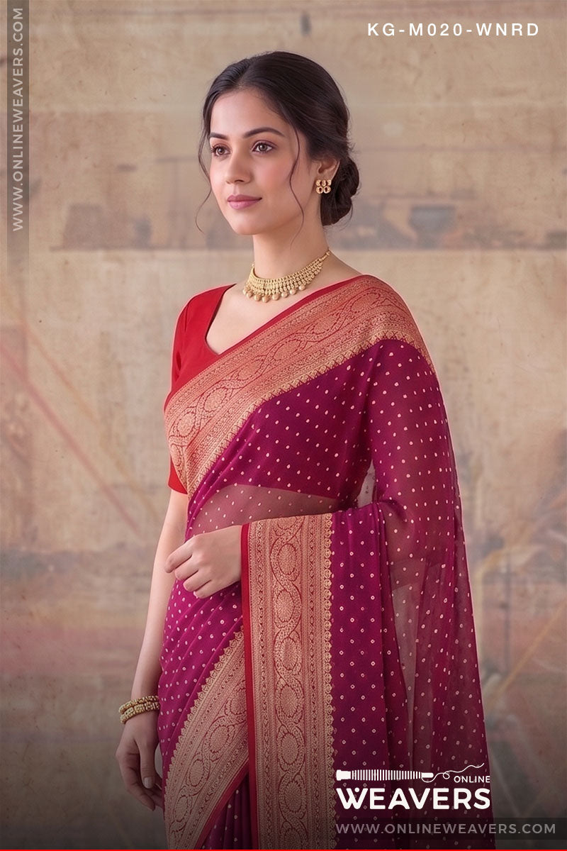 Wine Red Khaddi Georgette Saree manufacturer from Banaras -onlineweavers.com