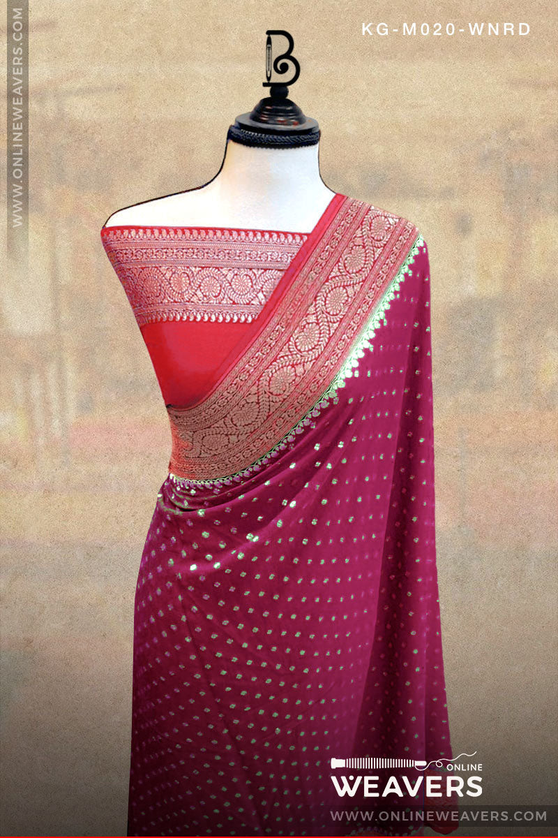 Wine Red Khaddi Georgette Saree manufacturer from Banaras -onlineweavers.com