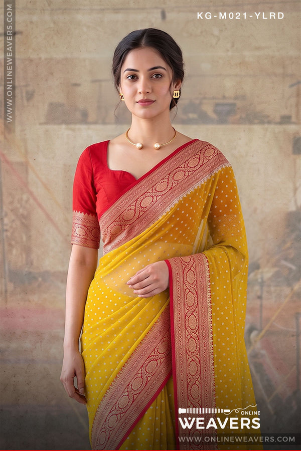 Yellow Red Khaddi Georgette Saree manufacturer from Banaras -onlineweavers.com