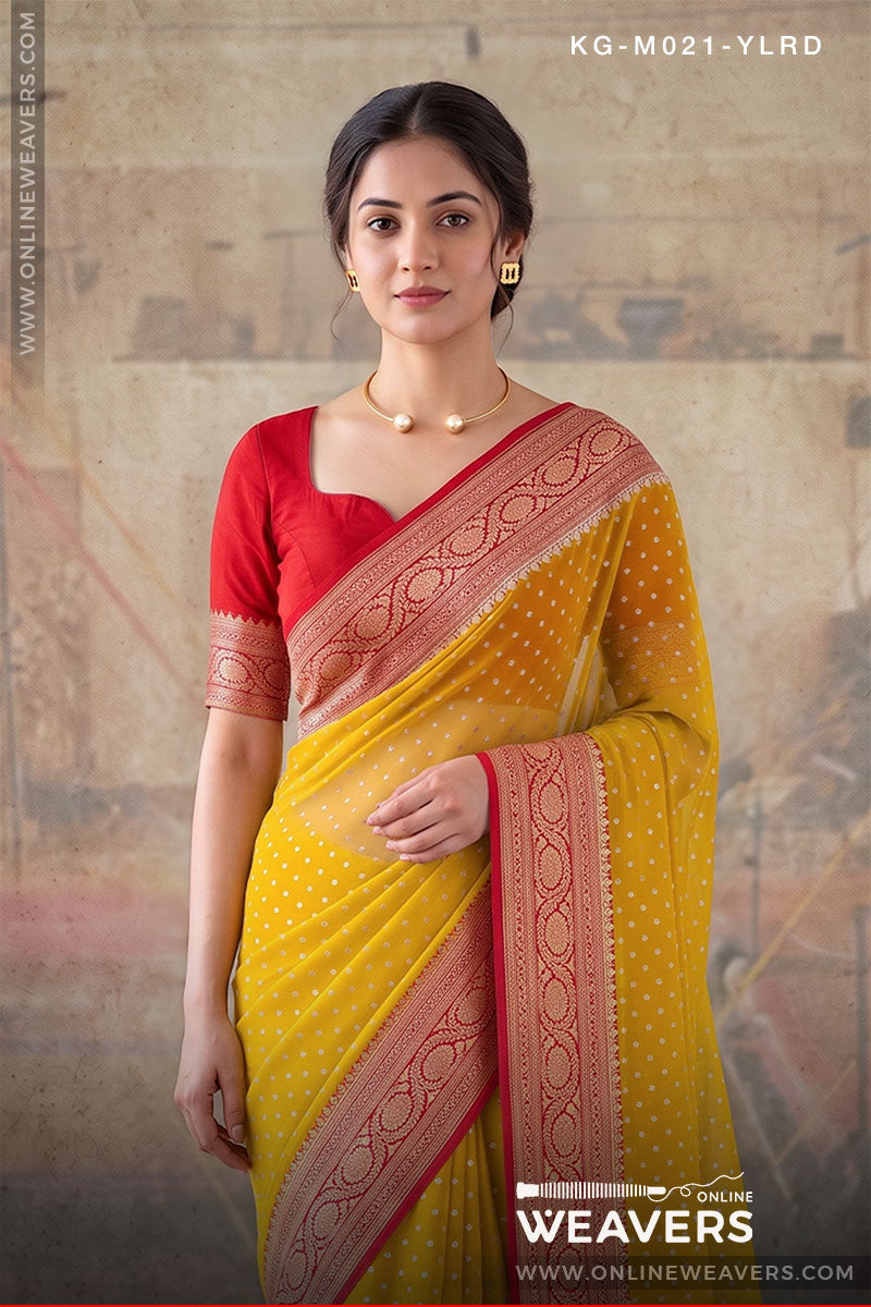Yellow Red Khaddi Georgette Saree manufacturer from Banaras -onlineweavers.com