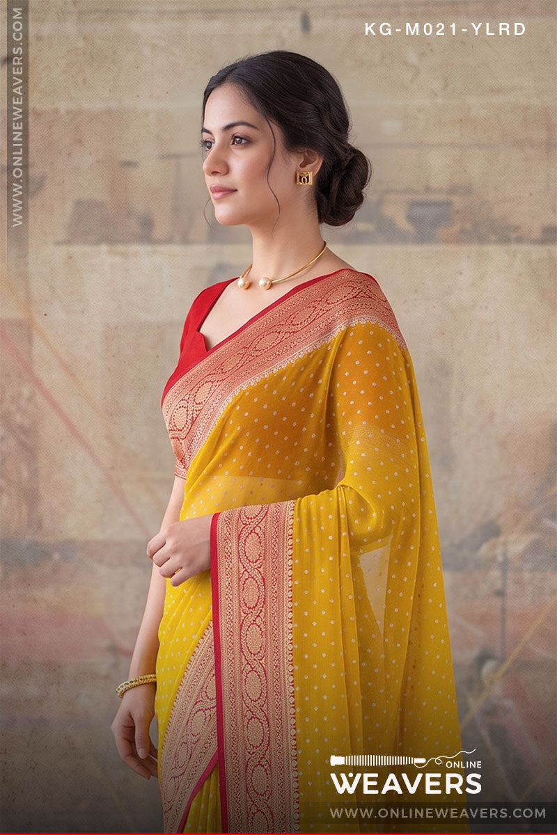 Yellow Red Khaddi Georgette Saree manufacturer from Banaras -onlineweavers.com