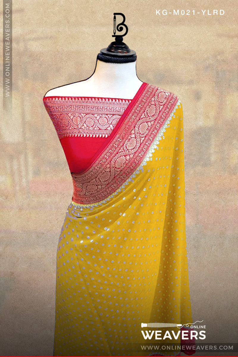 Yellow Red Khaddi Georgette Saree manufacturer from Banaras -onlineweavers.com