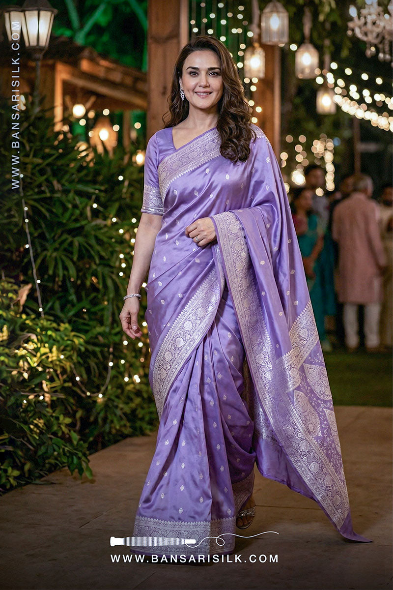 Purple Lilac Banarasi Mashru Silk Saree online with OnlineWeavers.com branding