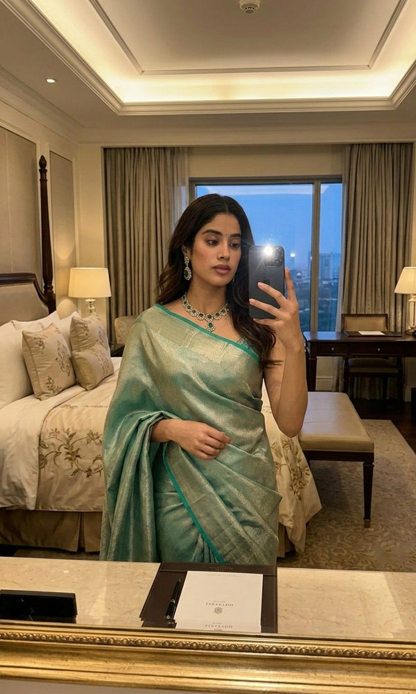 Jahnvi Kapoor in a light green saree taking a mirror selfie in a luxurious room.