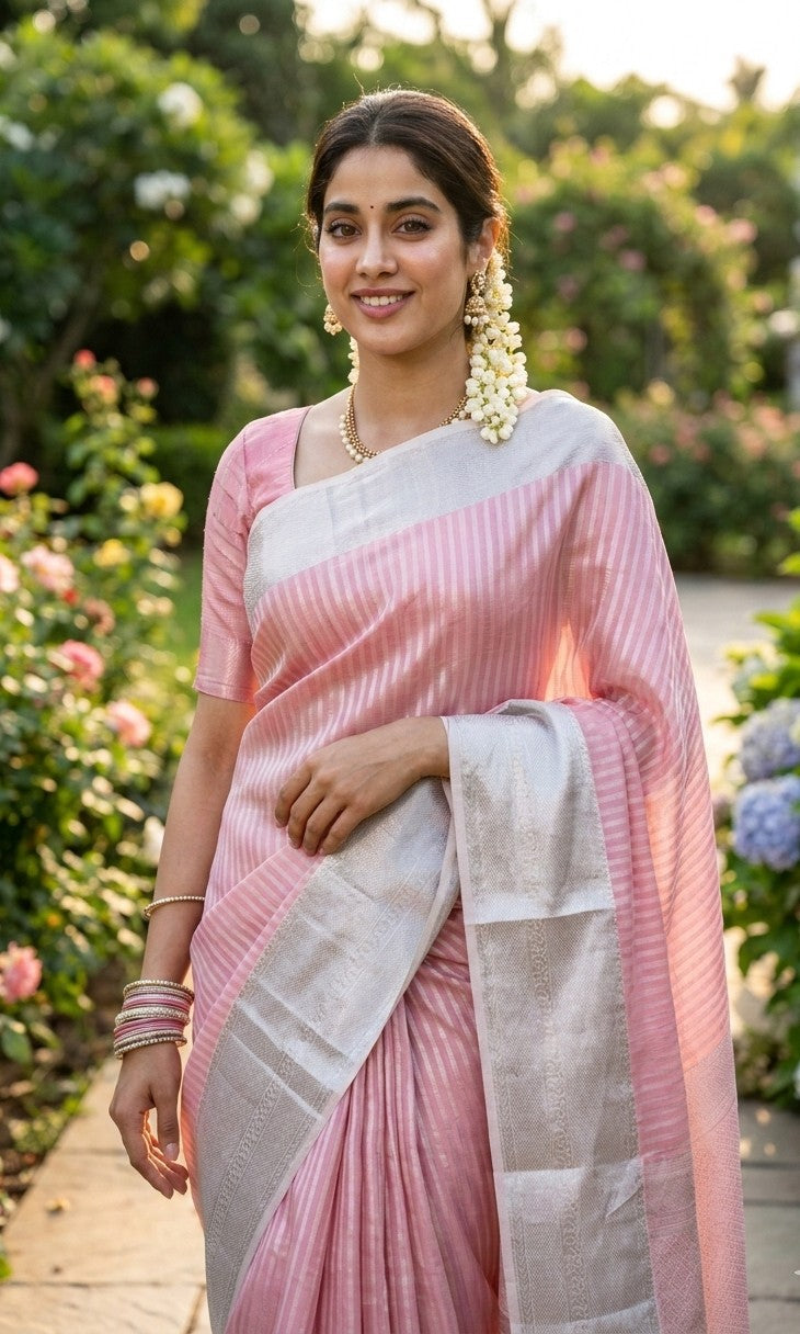 Woman in a pink Banarasi saree with a silver border standing outdoors with greenery in the background